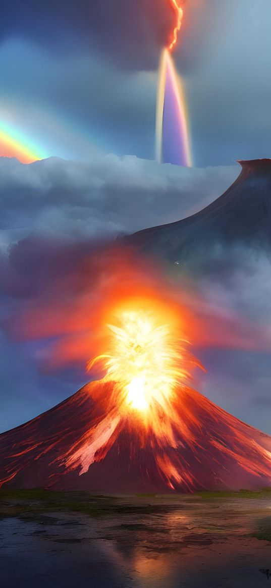 nn_vanillasky, ai artist, nuke explosion in volcano on an island with a rainbow in the background, art