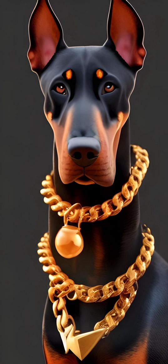 nn_vanillasky, ai artist, doberman in black background with gold chains, art