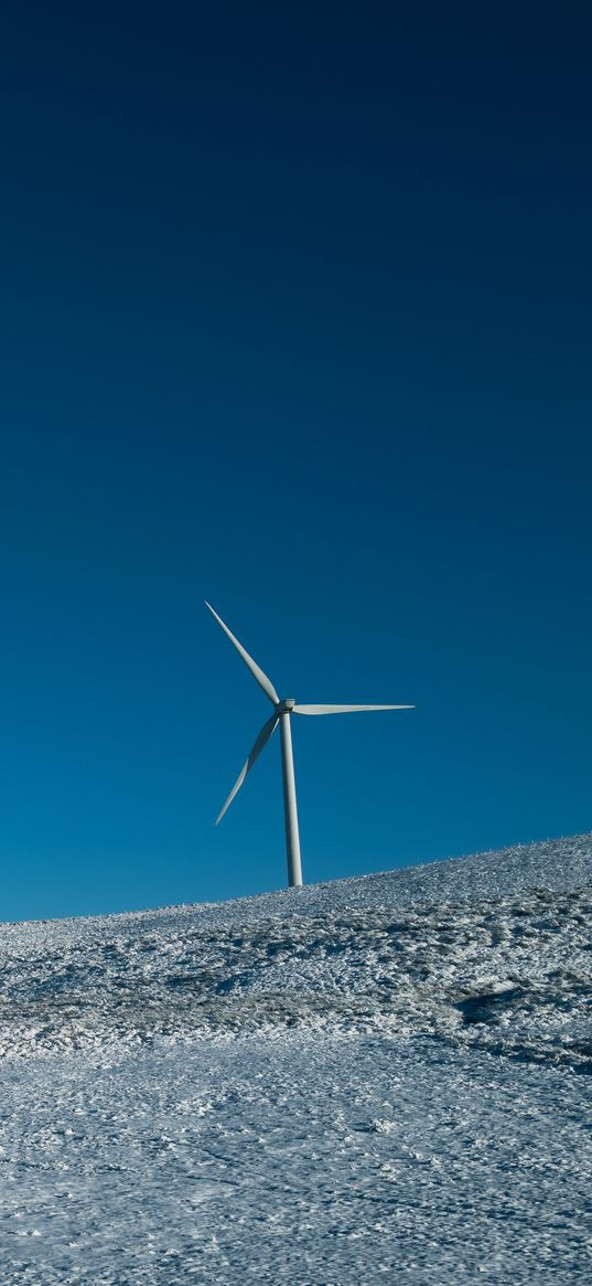 windmills, field, snow, sky