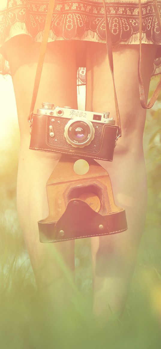 girl, camera, sun, grass, legs, dress, flare