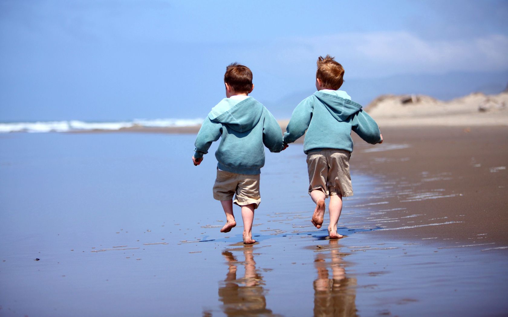 children, boy, brother, beach, sand, reflection, coast, sea, ocean, surf, walk, shorts, heels, horizon, sky