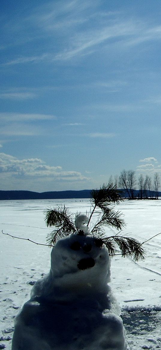 snowman, field, traces, trees