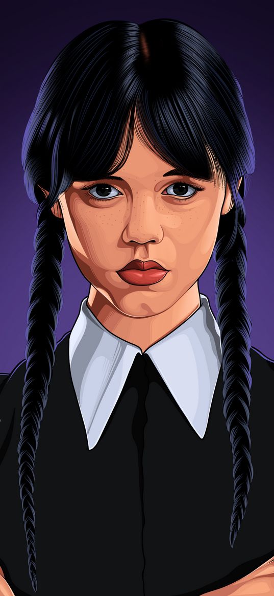 jenna ortega, wednesday, addams, cartoon, girl, pigtails, artworks, black, white, red, likes