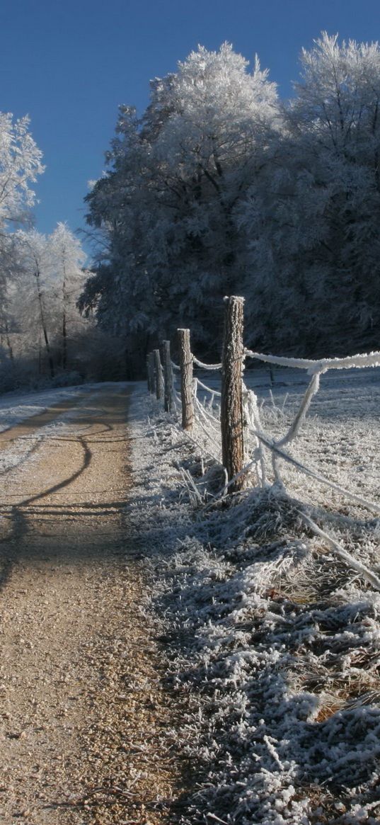 fence, stakes, hoarfrost, gray hair, winter, cold, road, country