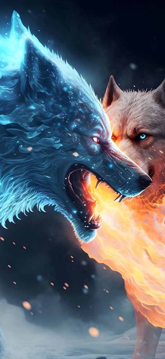 wolves, wolf, predators, animals, fight, fire, ice