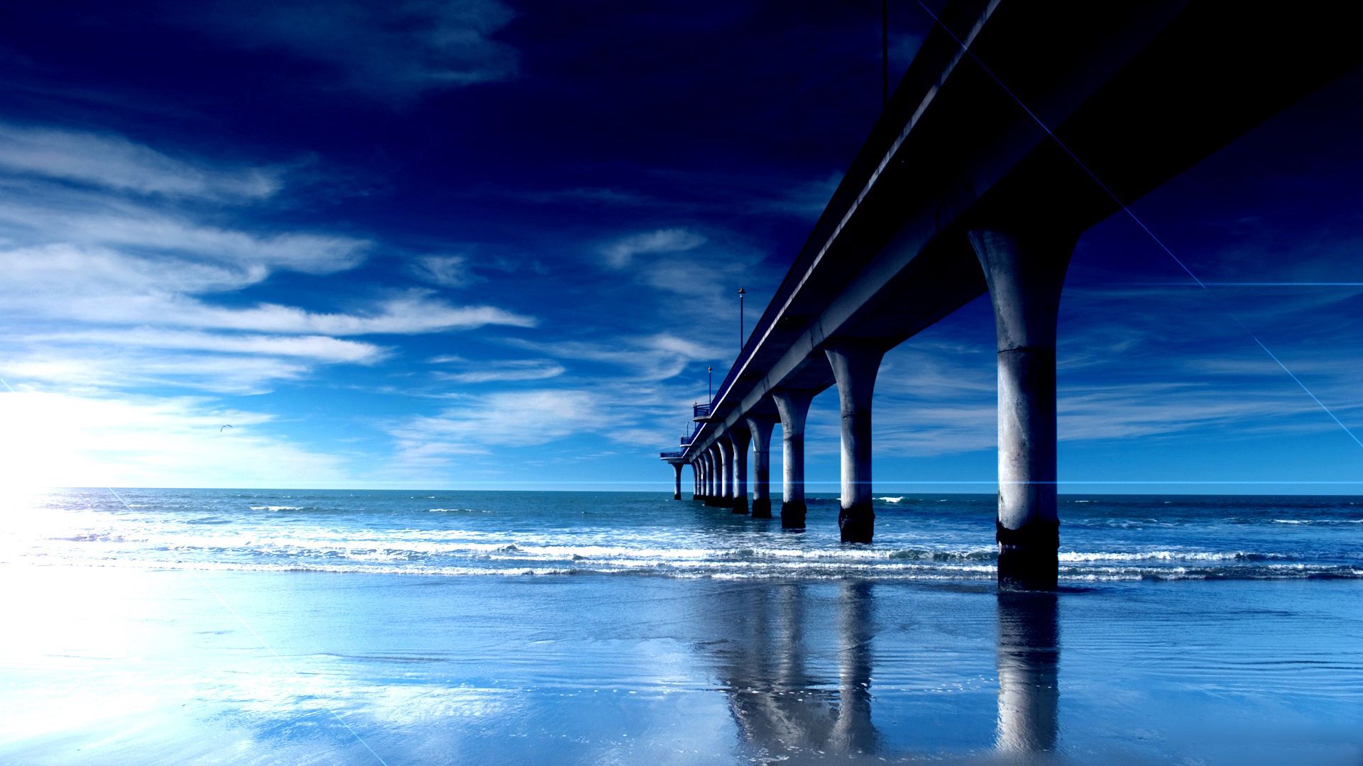 bridge, support, pier, columns, coast, beach, waves, dawn, blue