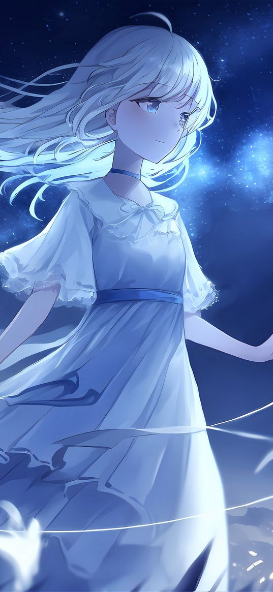 girl, night, wind, anime, blue