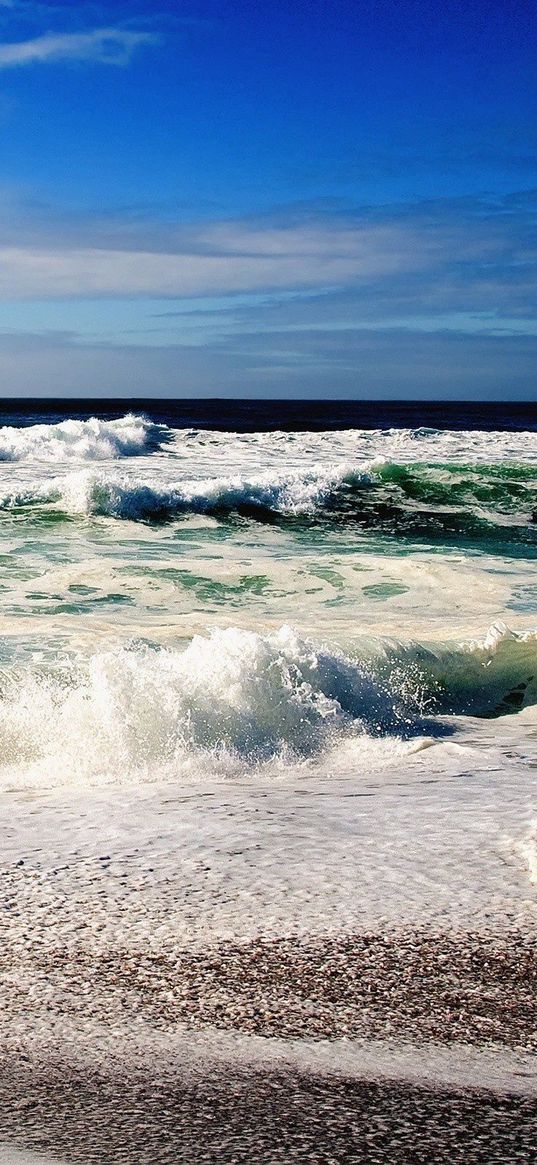 waves, sea, sky, stones, coast, noise, surf