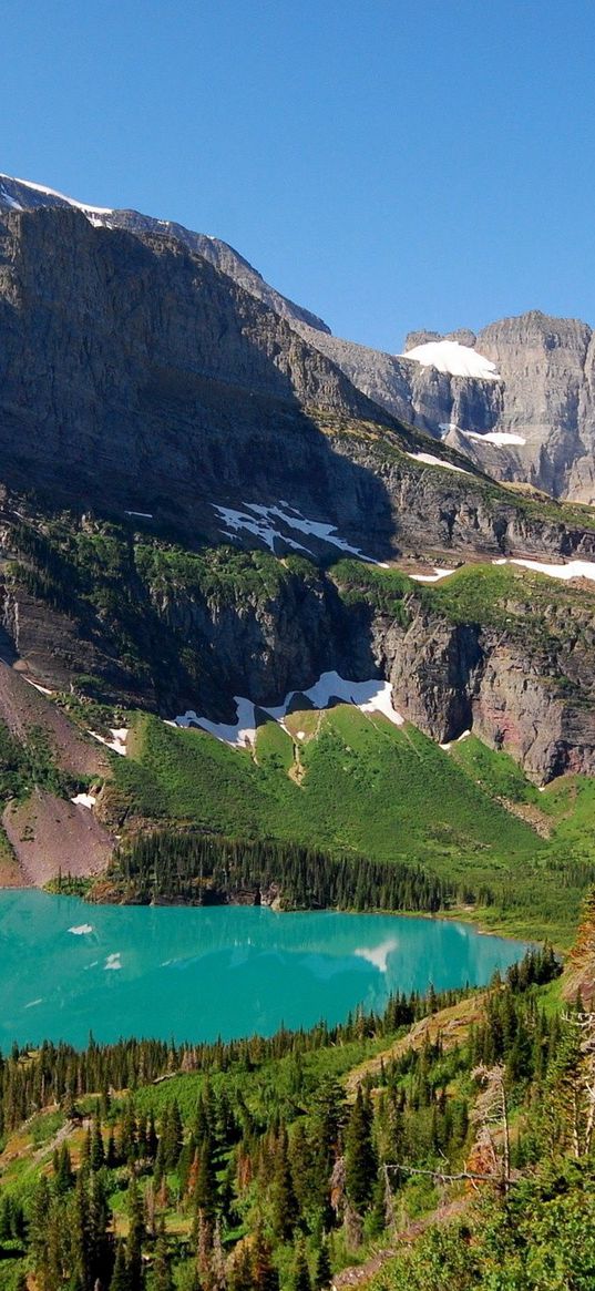 lake, mountains, landscape, blue water, snow, climate