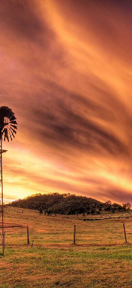 sky, evening, mill, transformer, current, field, clouds