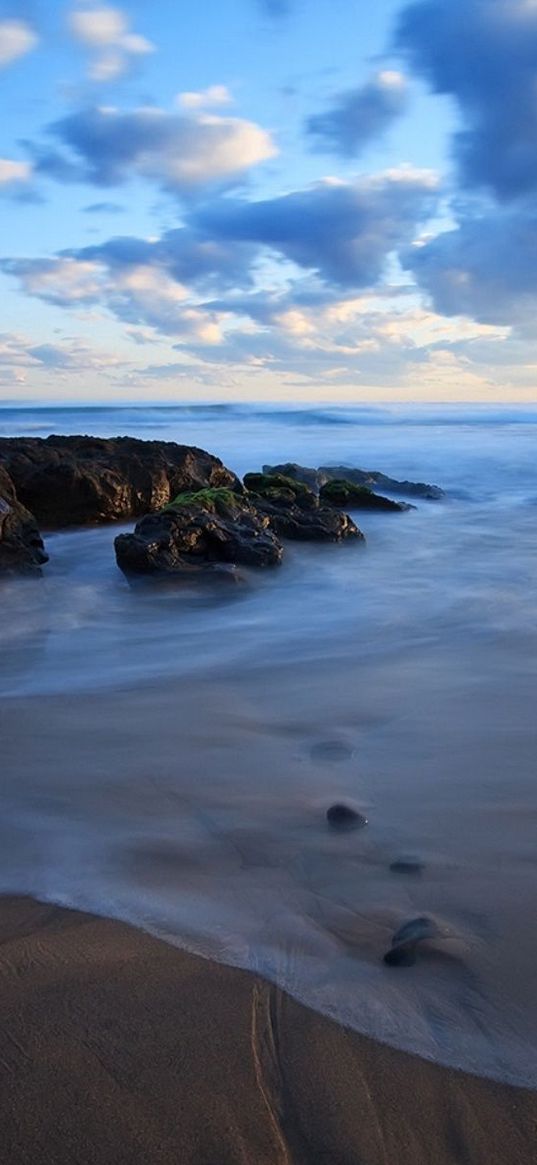 stones, coast, veil, wave, evening