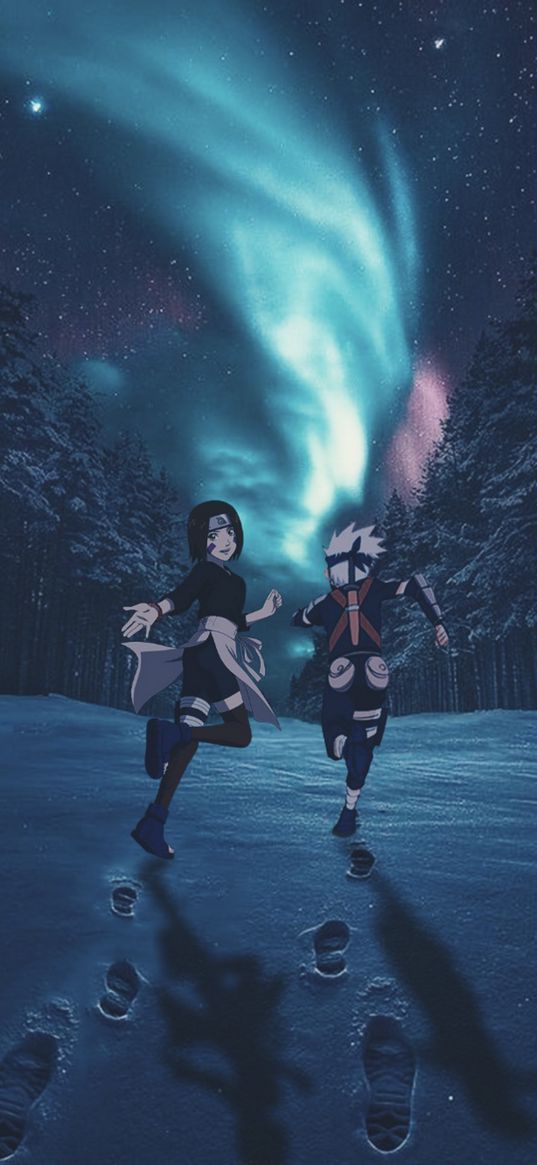 rin nohara, naruto uzumaki, anime, children, footprints, snow, forest, northern lights, stars, night, winter, art