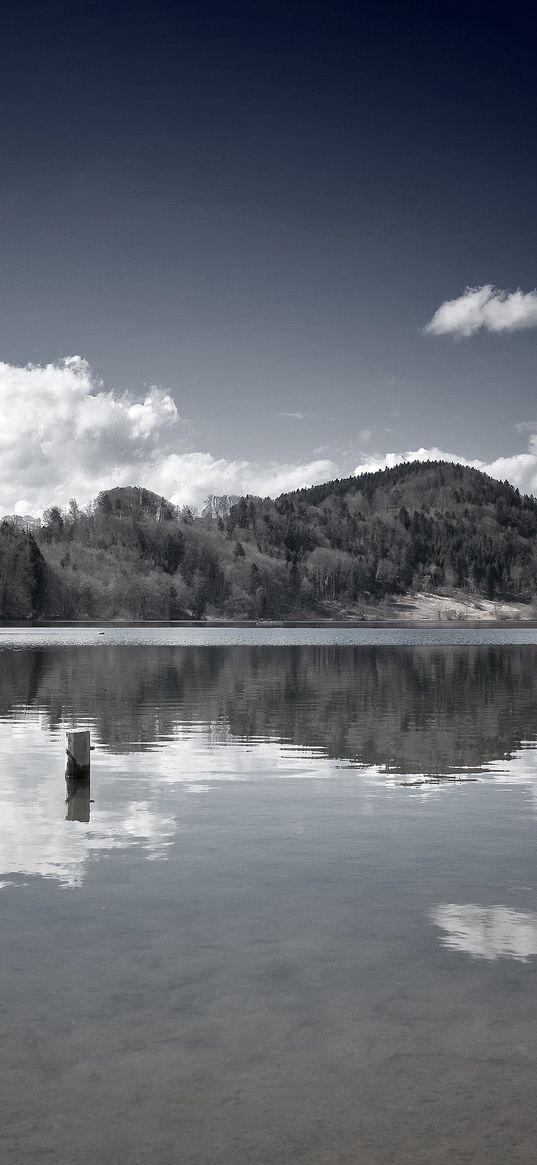 lake, mountains, black-and-white, serenity