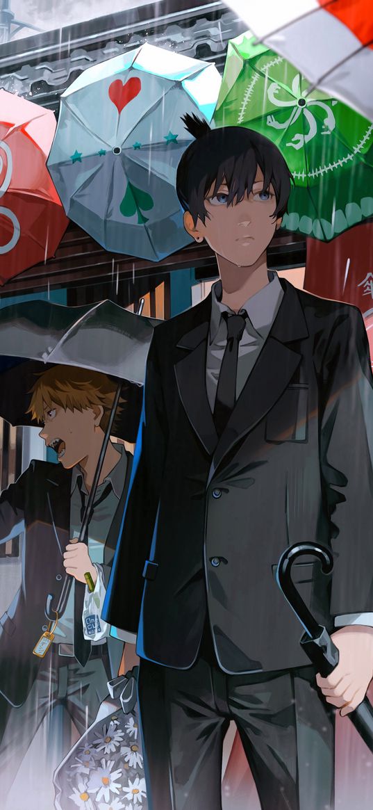 aki, power, denji, chainsaw man, anime, characters, umbrellas, rain, shop, art