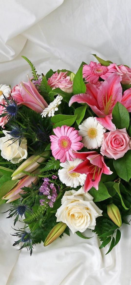 roses, gerberas, lilies, flowers, herbs, composition, fabric