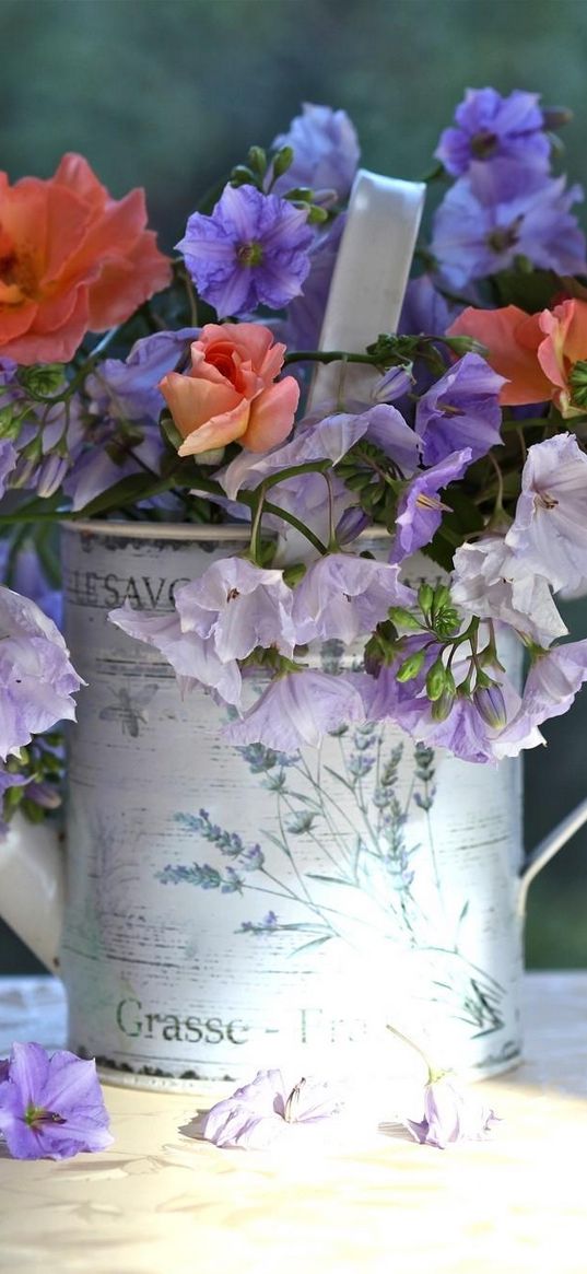 flowers, watering can, table, china