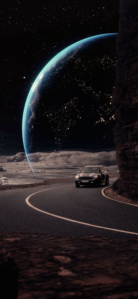 mini cooper, car, road, mountain, clouds, planet, stars, science fiction