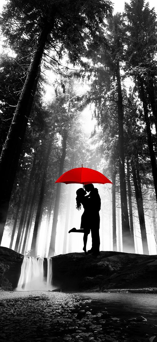 couple, love, trees, forest, umbrella, red, black and white, art