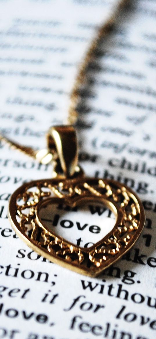 pendant, heart, book, word, chain