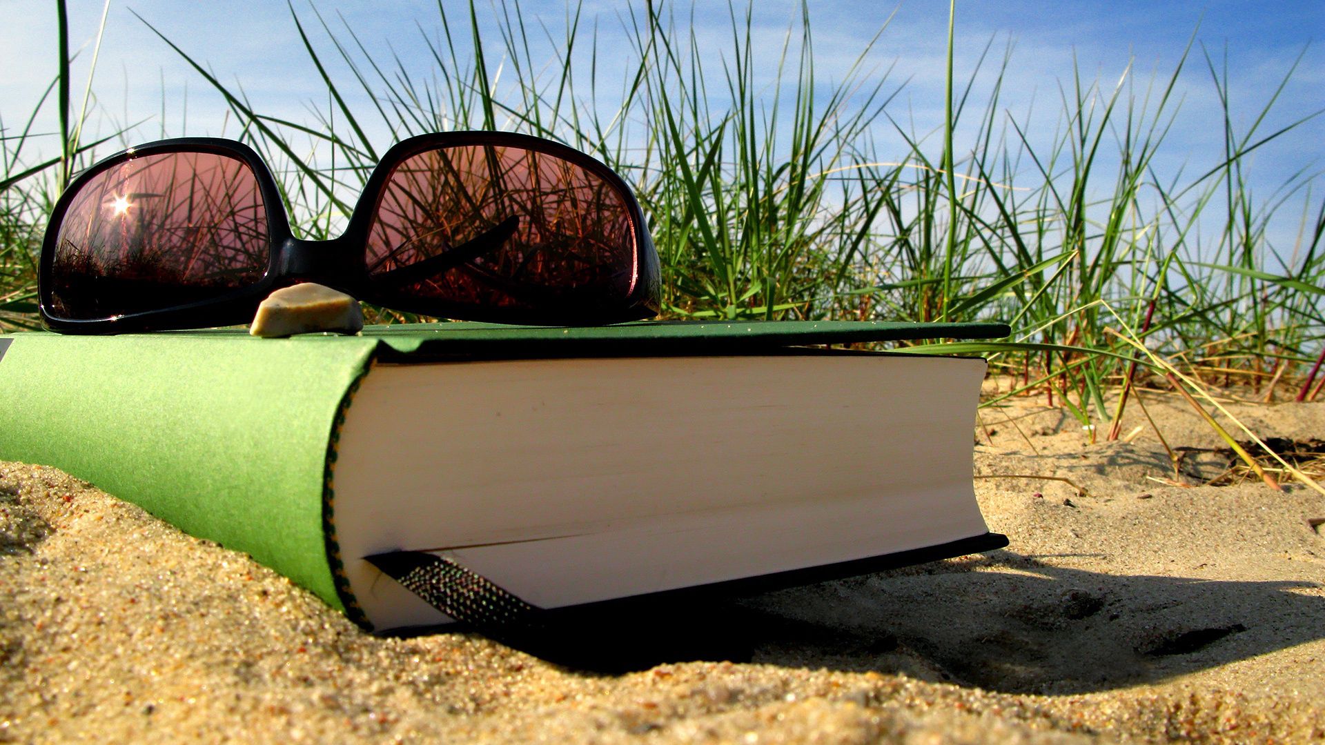 summer, vacation, book, glasses, bookmark, sand, grass