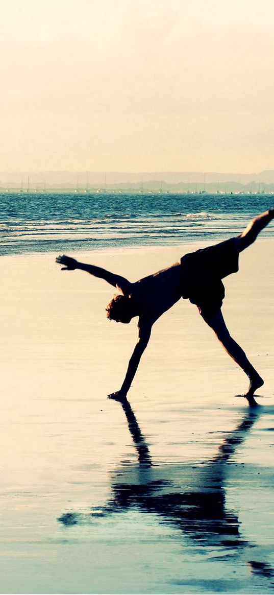 sea, shore, silhouette, water, sky, jump