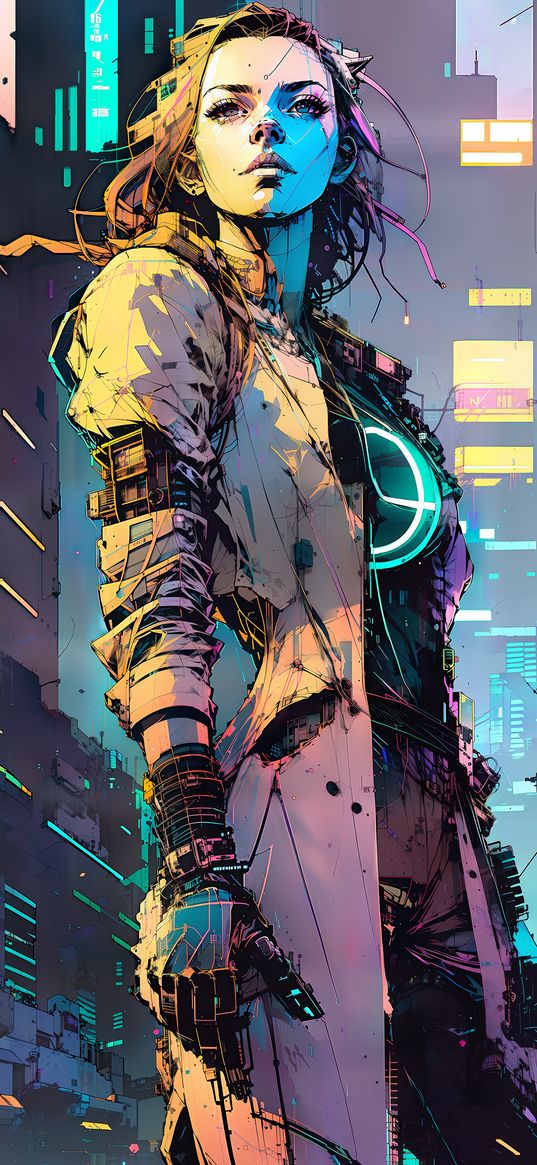 girl, cloak, cyborg, robot, neon, street, skyscrapers, buildings, lights, cyberpunk, future, art