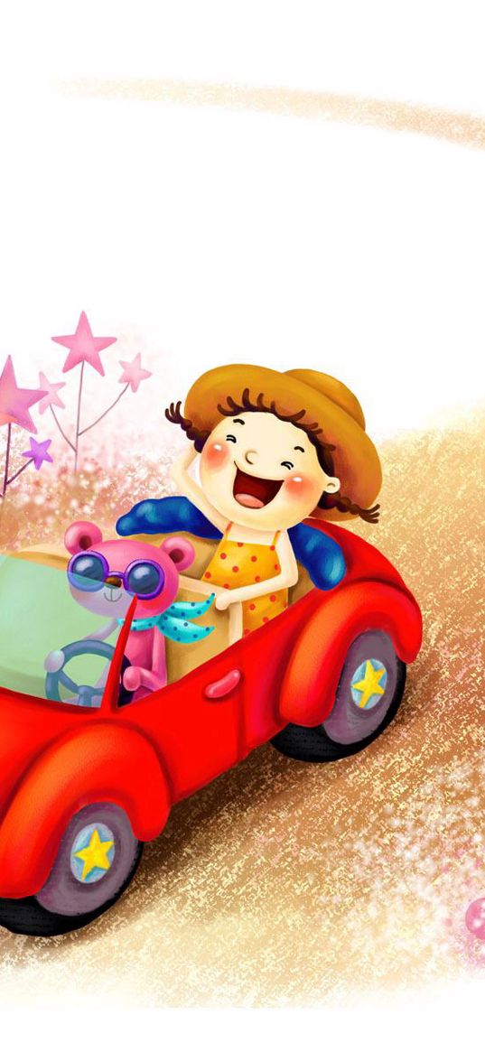 drawing, girl, animal, fantasy, childhood, laughter, road, car, star, sign, hat