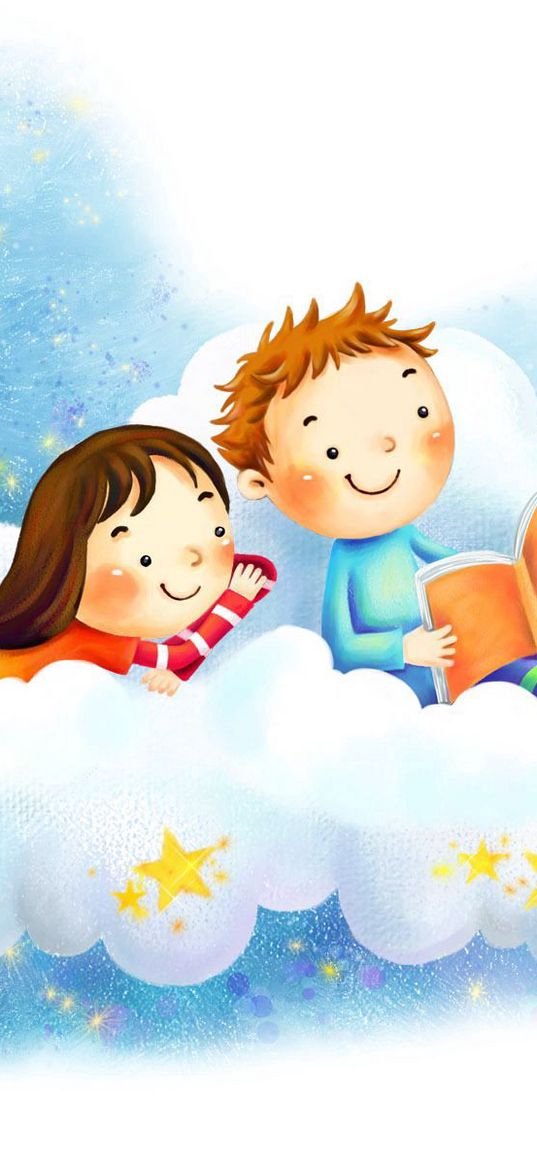 drawing, girl, boy, clouds, fantasy, books, stars, smiles