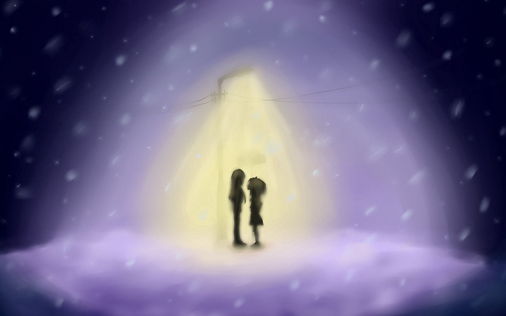 drawing, girl, boy, lantern, light, snow, flakes, winter