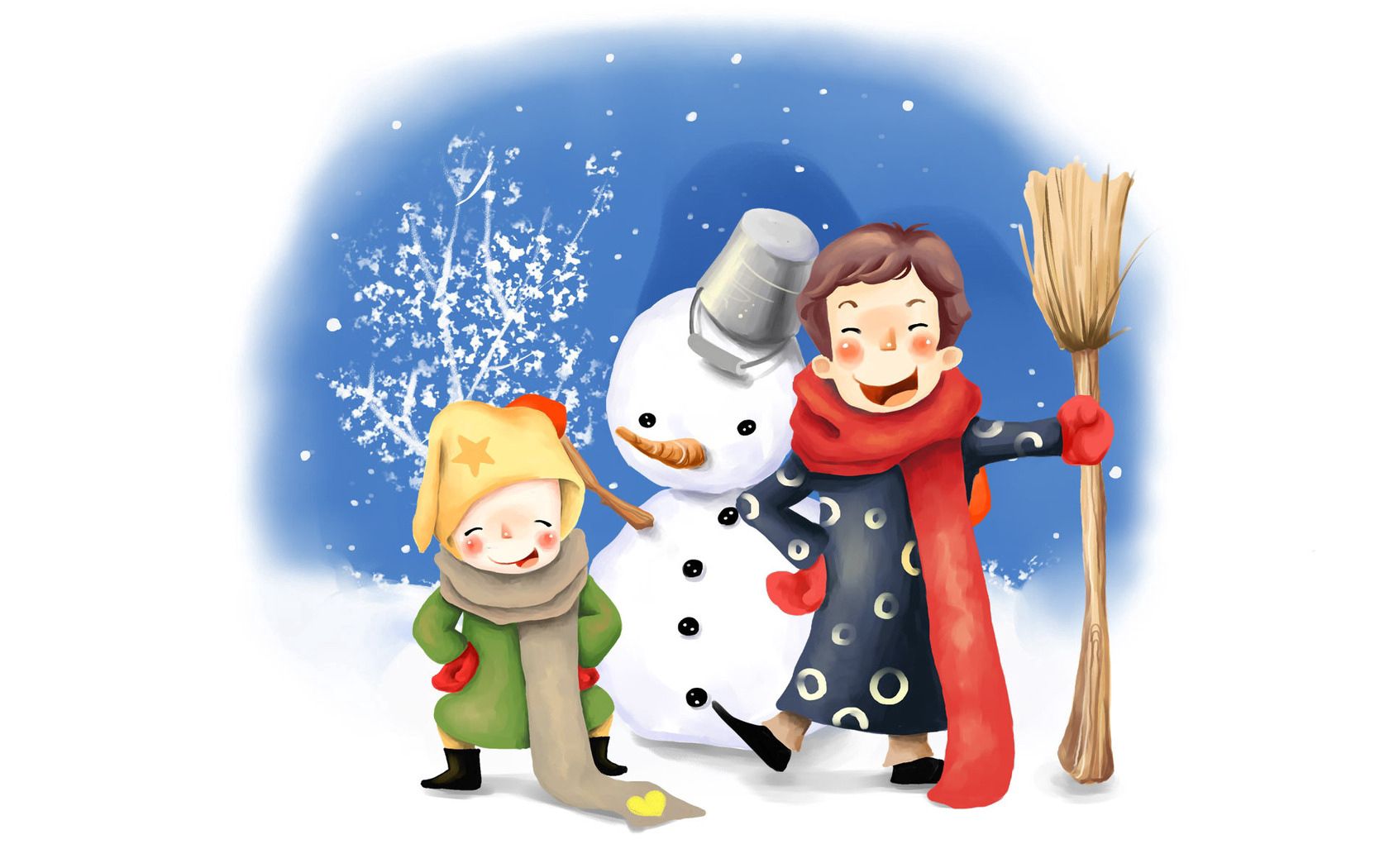 drawing, kids, fun, snowman, winter, bucket, broom, buttons, scarves