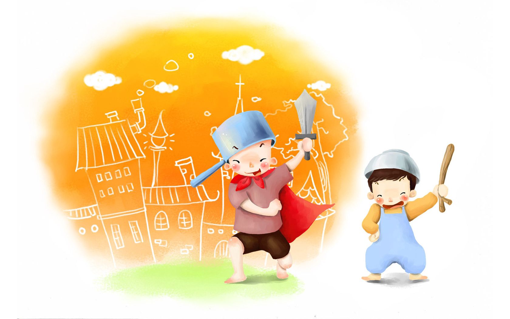 drawing, childhood, boys, kids, games, pranks, toys, sword, pot, joy