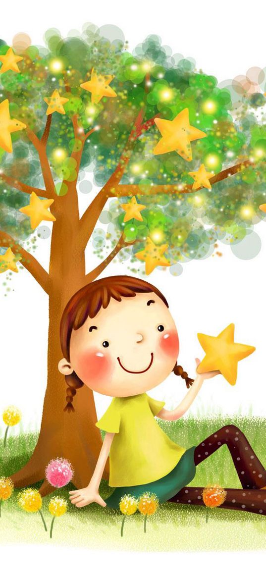 drawing, childhood, fantasy, girl, animal, fungi, dandelion, tree, star, smile, pigtails, lawn, grass