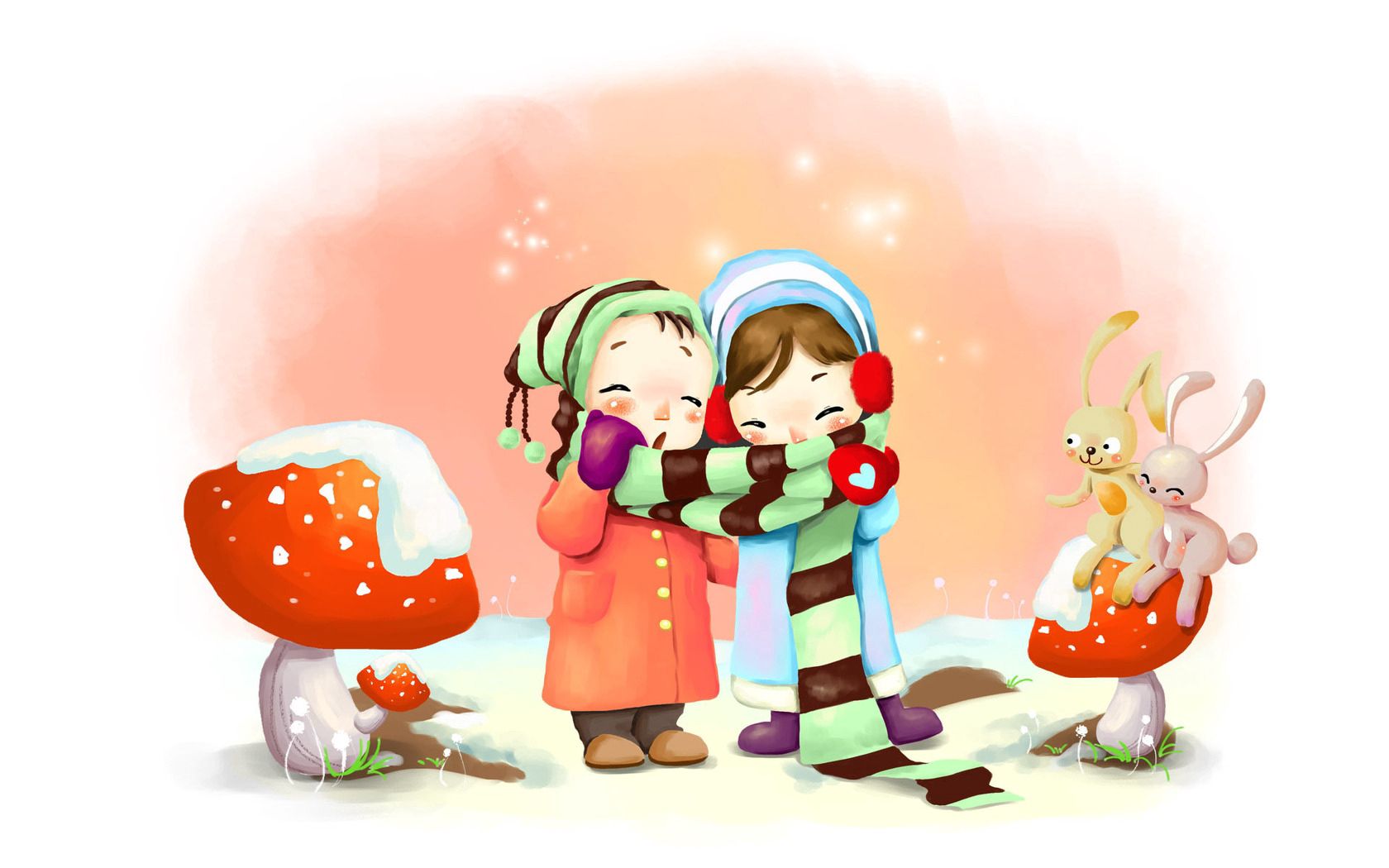 drawing, winter, kids, breath, snowflakes, mushrooms, rabbits, scarf