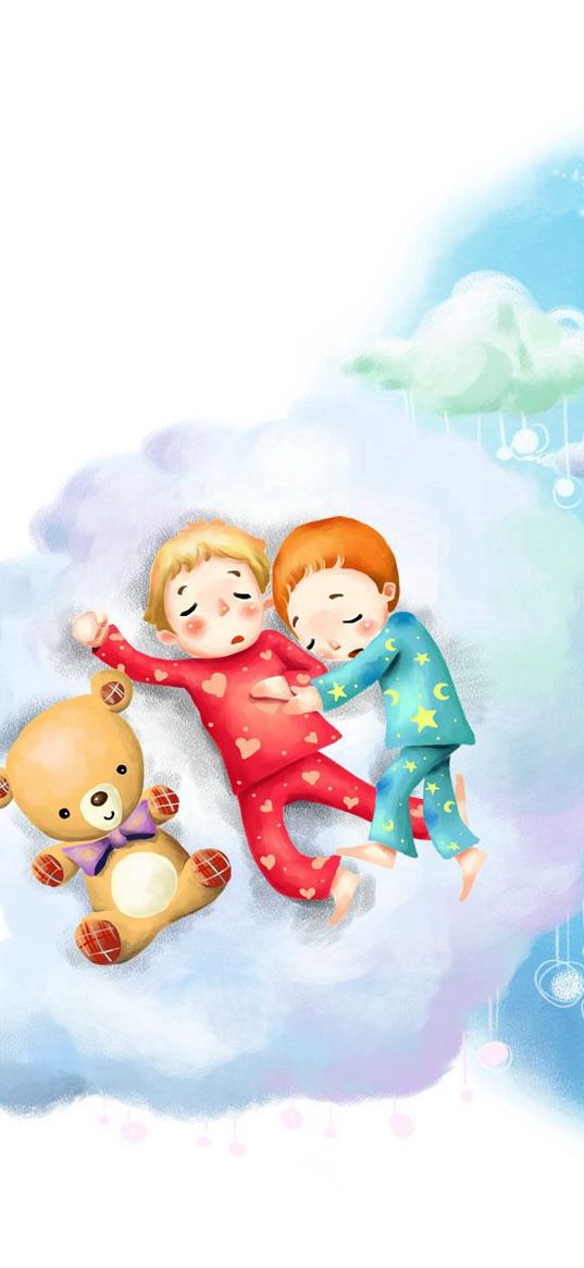 drawing, clouds, kids, sleep, childhood, pajamas, window, month, stars, teddy bear