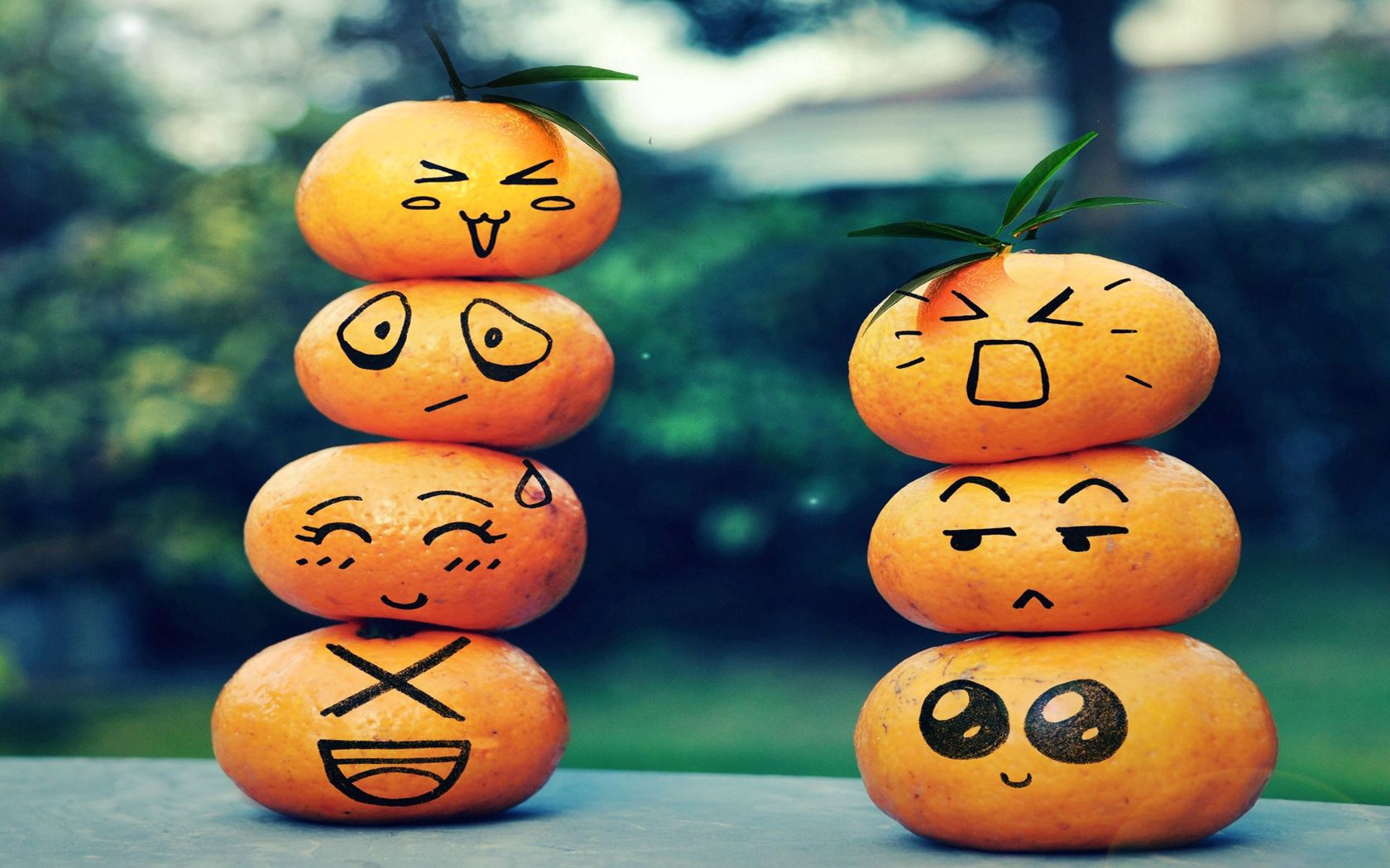 fruit, emoticons, smiley face, table, leaves, bokeh