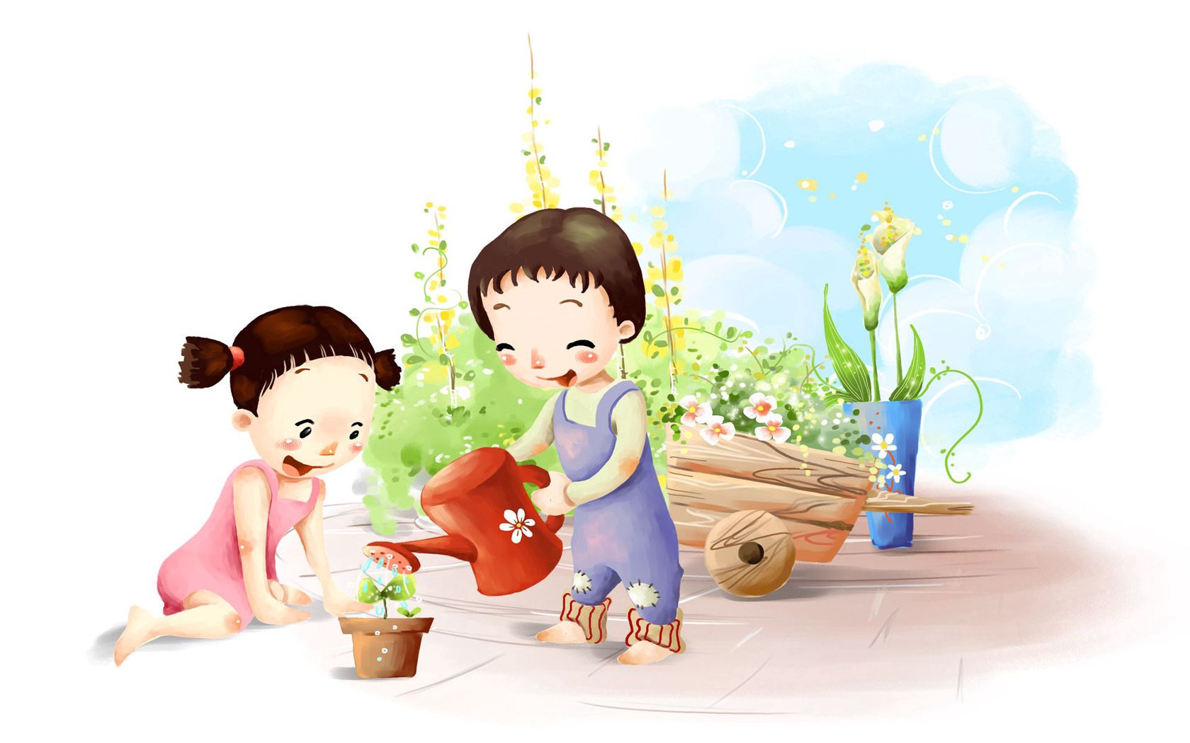 flower, children, watering