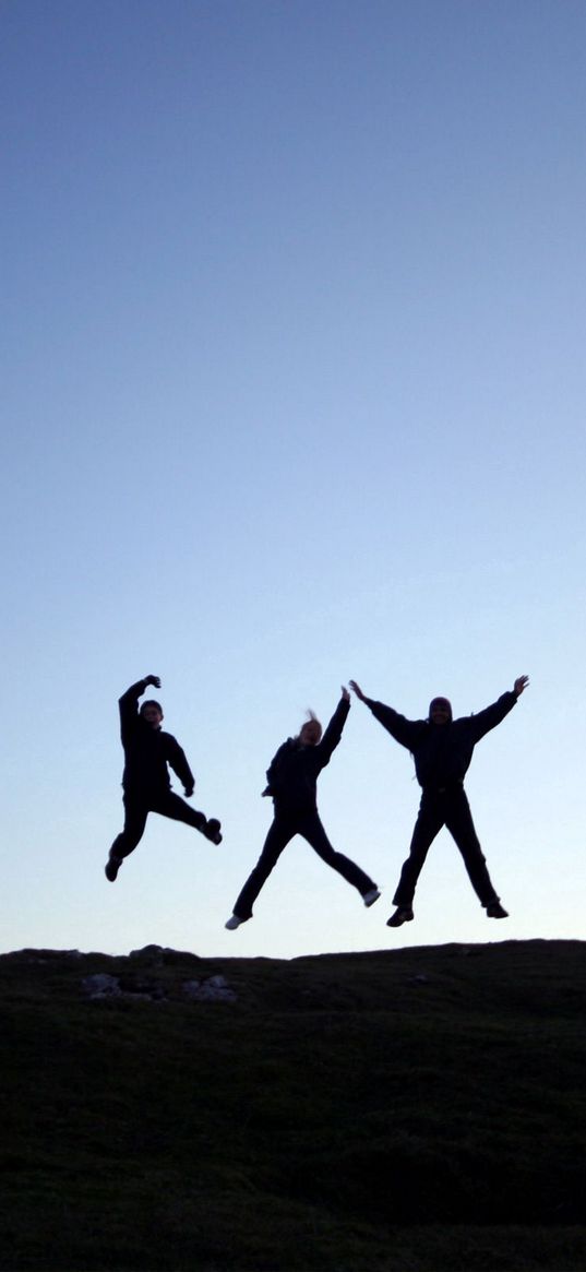 people, jump, hill, shadow, silhouette