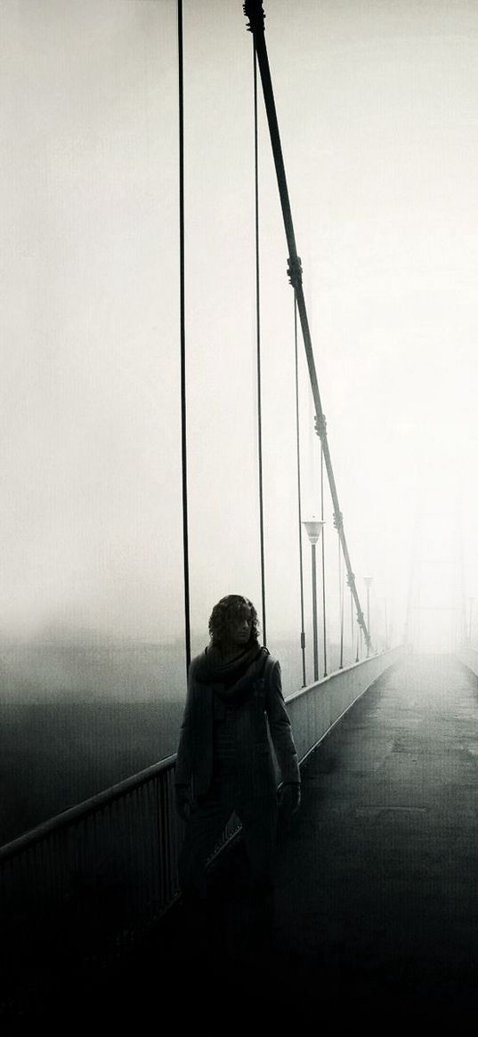 bridge, man, fog, walking, solitude, freedom