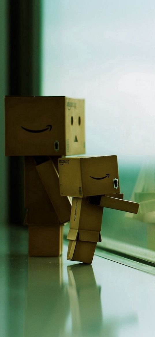 danboard, window, steam, cardboard robot, standing