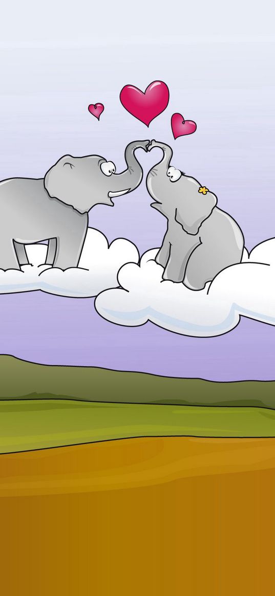 elephants, couple, kiss, heart, cloud