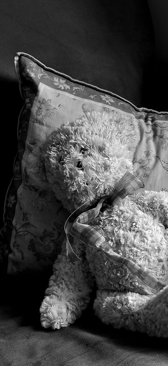 toy, plush, sofa, pillow, room, old, black and white