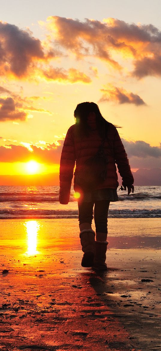 sea, beach, light, sunset, people, walk, alone