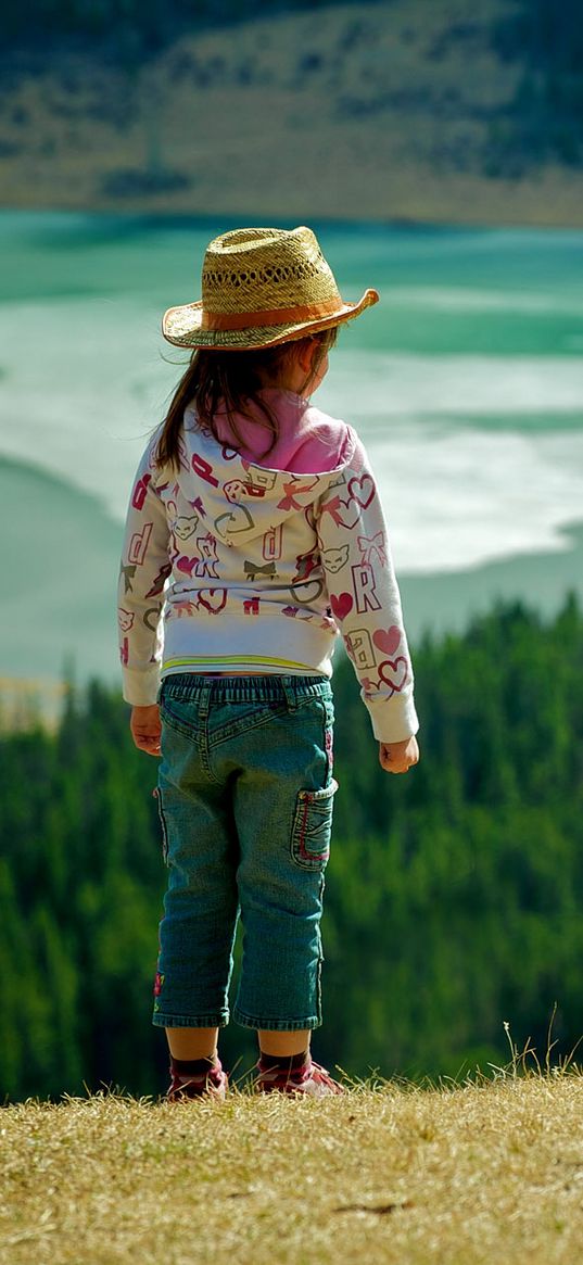 child, grass, hills, walking, nature, forest