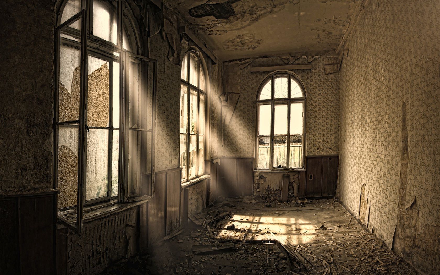 building, old, room, ruin, windows