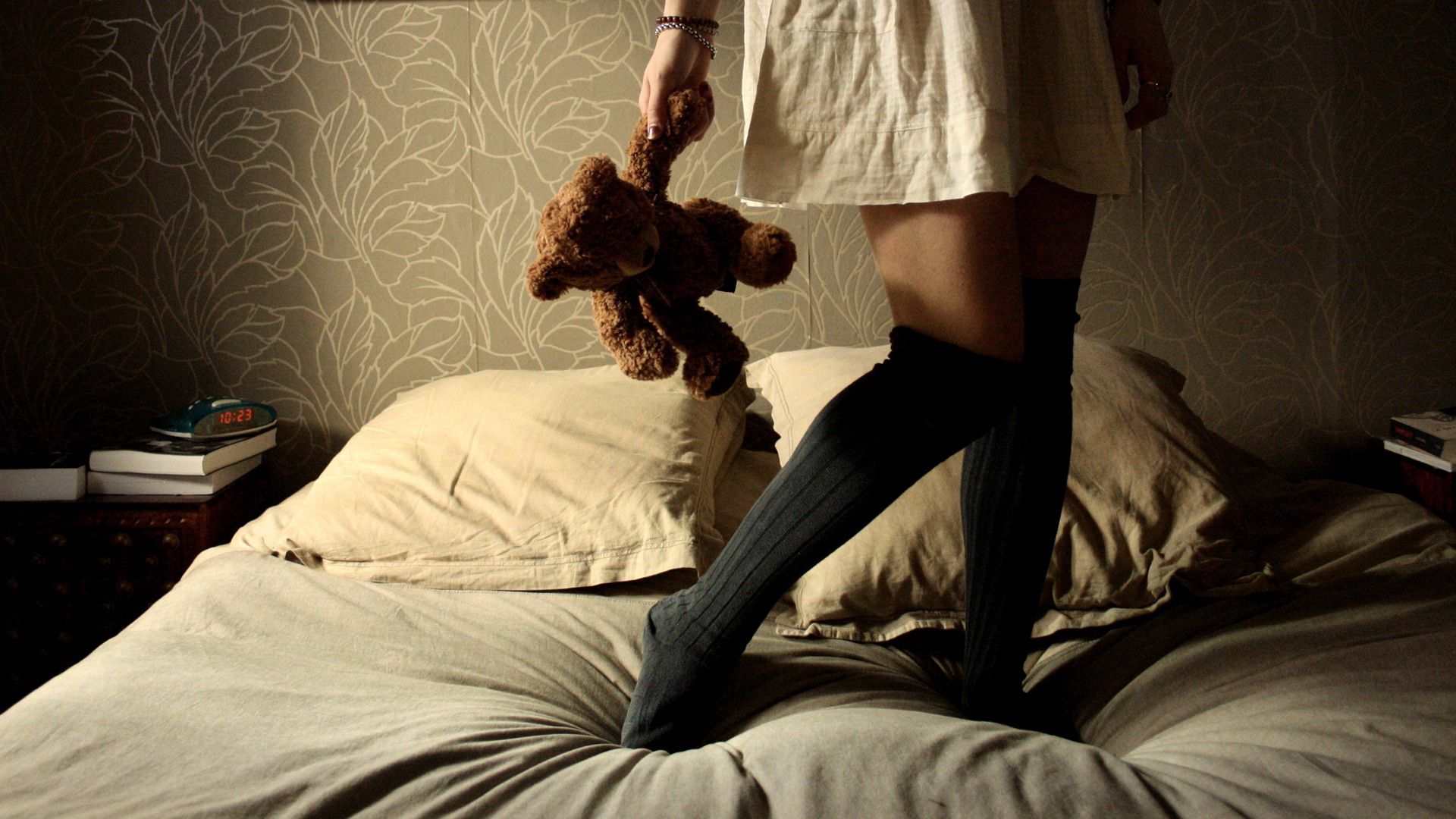 girl, legs, toys, bedding, socks