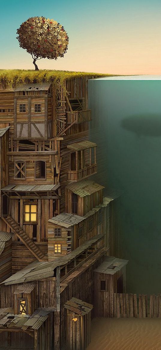 building, multi-storey, under water, whale, improvisation, bottom, tree