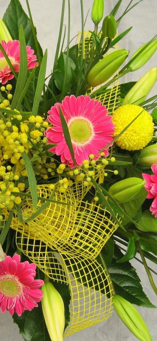 gerbera, lily, mimosa, flowers, bouquet, decoration