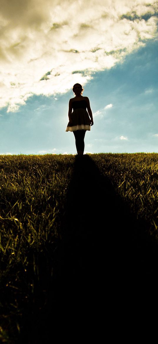 girl, field, walking, grass, dark