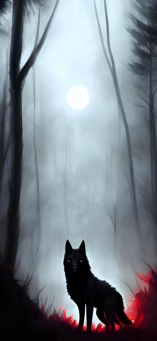 nn_vanillasky, ai artist, dark black wolf with red glowing eyes in a dark black haunted forrest, moon