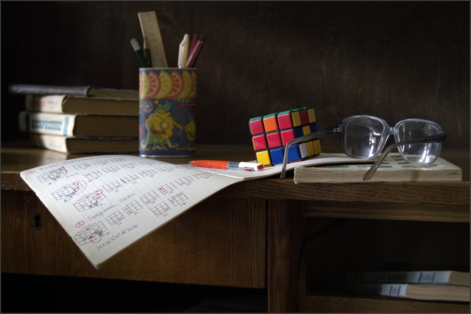 desk, glasses, instruction, rubiks cube